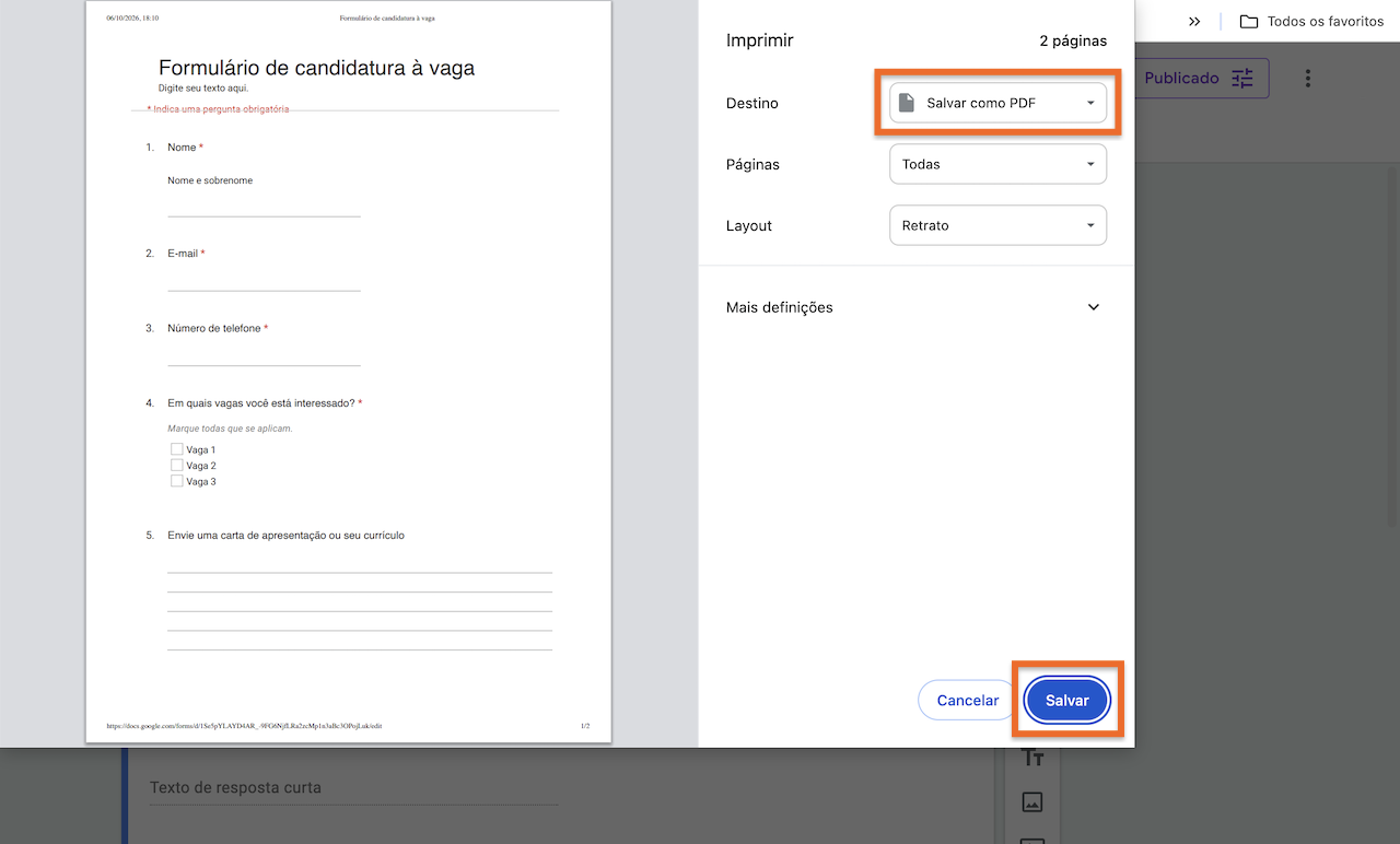 Janela de impressão do formulário, com "Salvar como PDF" selecionado como destino e o botão "Salvar" destacado