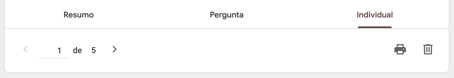 Aba "Individual" da seção "Respostas", exibindo a primeira de cinco respostas e as opções para avançar, imprimir ou excluir a resposta
