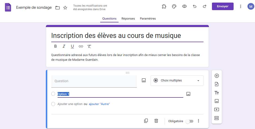Capture d'écran d'un formulaire Google nouvellement créé, prêt à être modifié et personnalisé