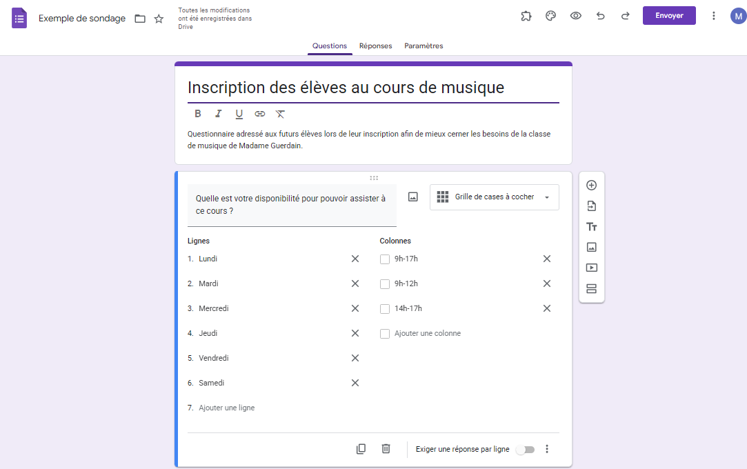Capture d'écran d'une fenêtre d'édition de formulaire dans Google Forms, où les utilisateurs peuvent personnaliser leur grille de cases à cocher