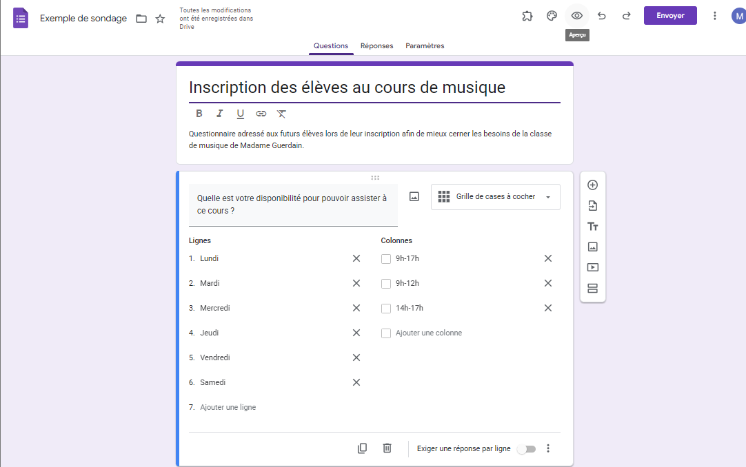 Capture d'écran d'une question entièrement modifiée dans un formulaire Google Forms au format grille de cases à cocher, prêt à être prévisualisé