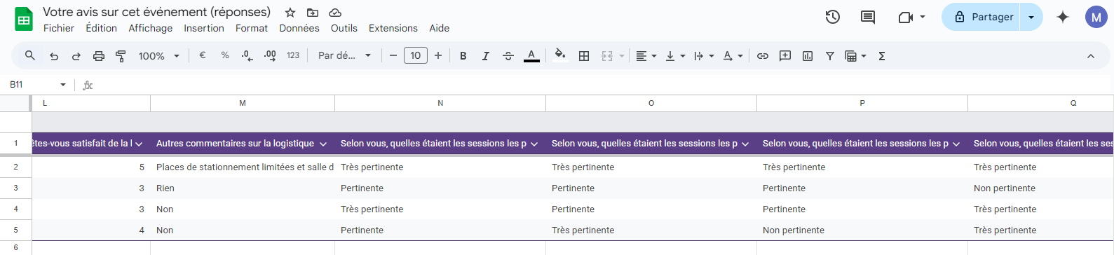 Capture d'écran de Google Sheets avec des données importées de Google Forms