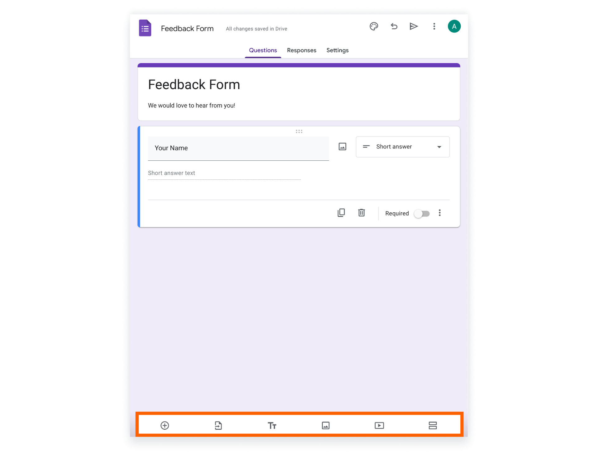 Capture d'écran de la page d'un formulaire dans Google Forms sur iPad avec les paramètres mis en évidence en bas de page