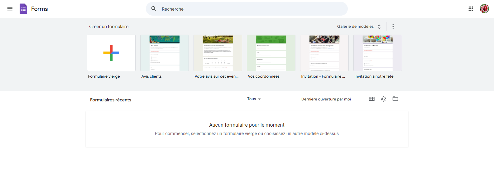 Page d'accueil de Google Forms