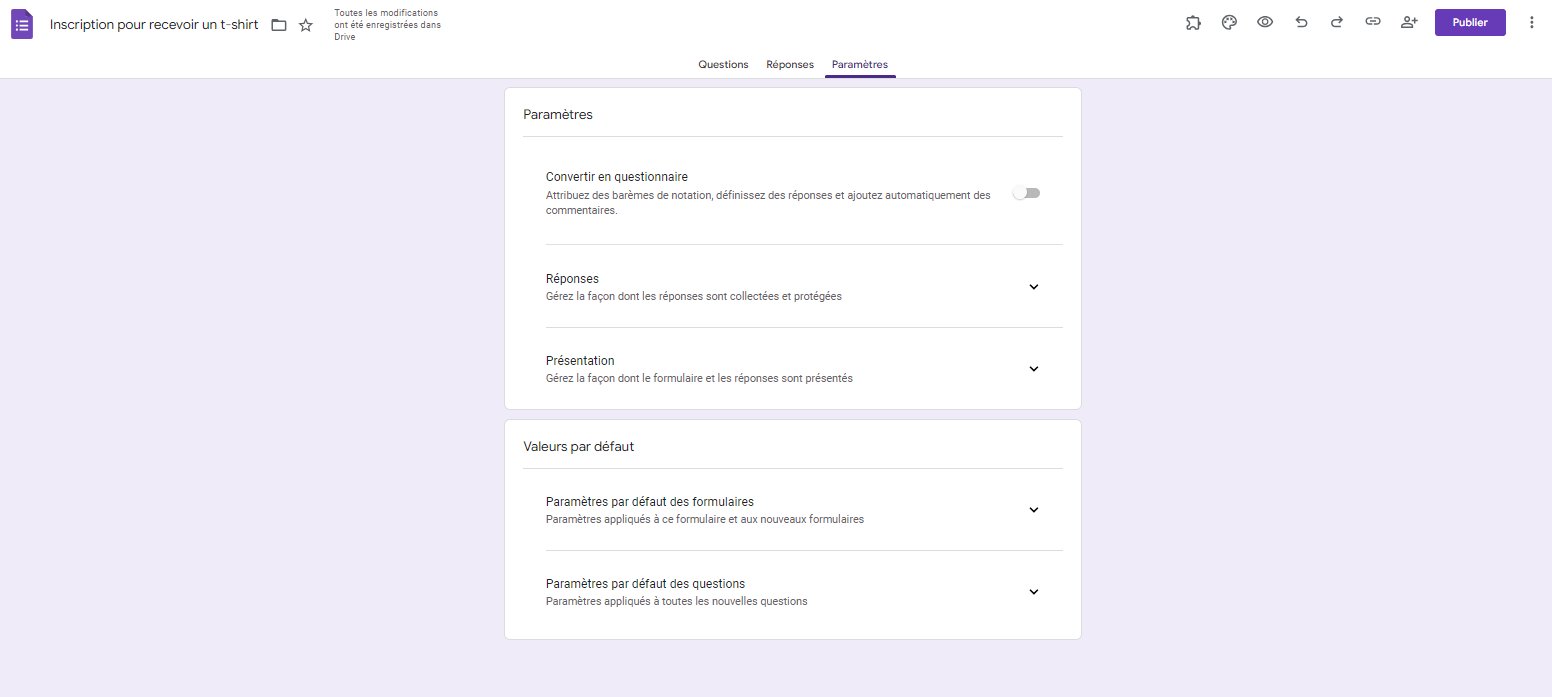 Options de l'onglet Paramètres dans Google Forms