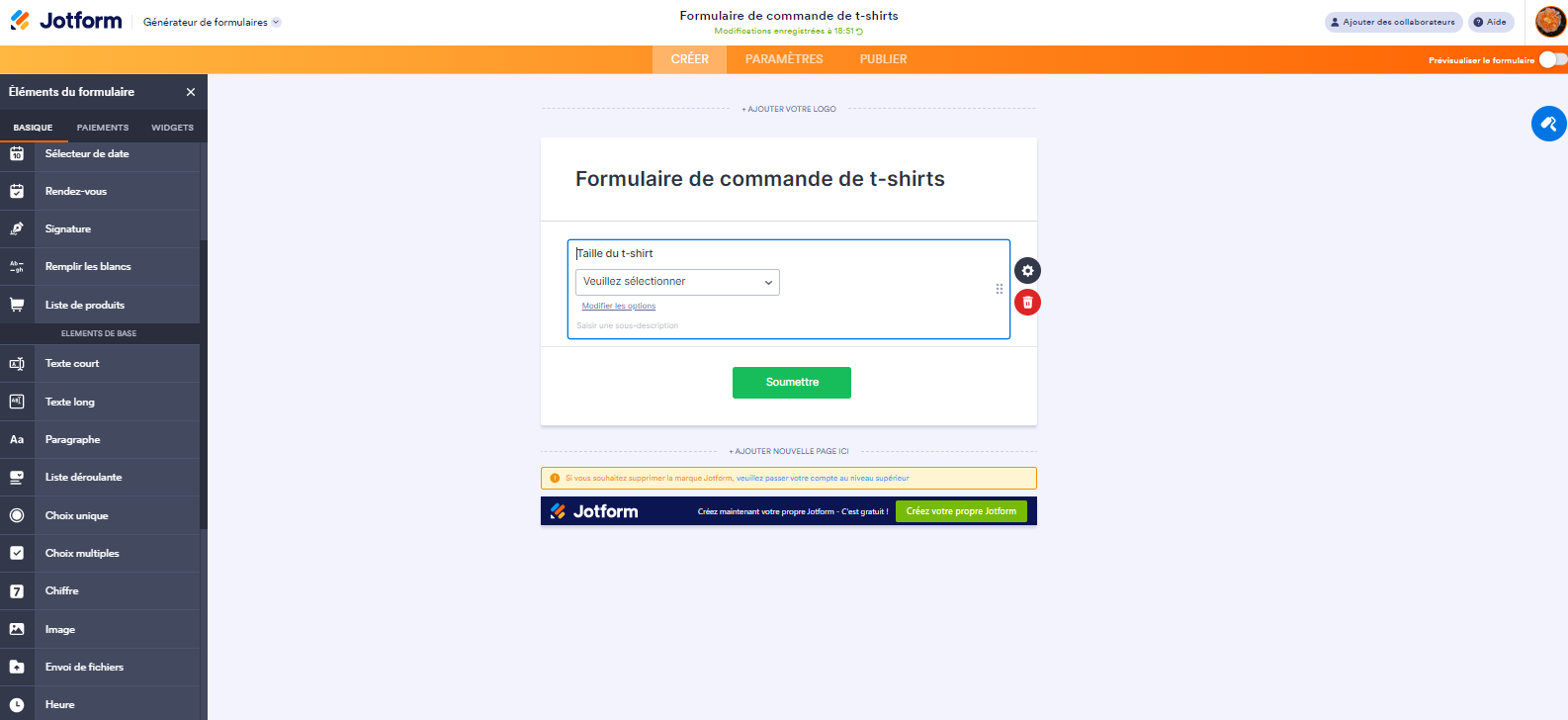Ajout des détails de commande de t-shirts dans le Générateur de formulaires Jotform