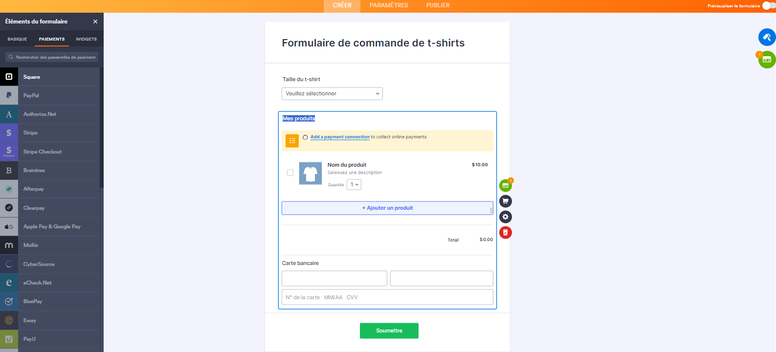 Ajout d'une intégration de paiement au formulaire dans le Générateur de formulaires Jotform
