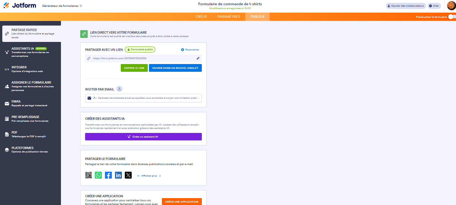 Onglet Publier dans le Générateur de formulaires Jotform
