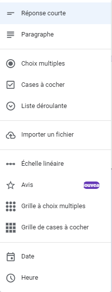 Capture d'écran de la liste déroulante des types de questions dans Google Forms