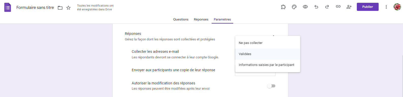 Capture d'écran de l'interface utilisateur des options de basculement des réponses de la feuille d'inscription au repas-partage Google Forms