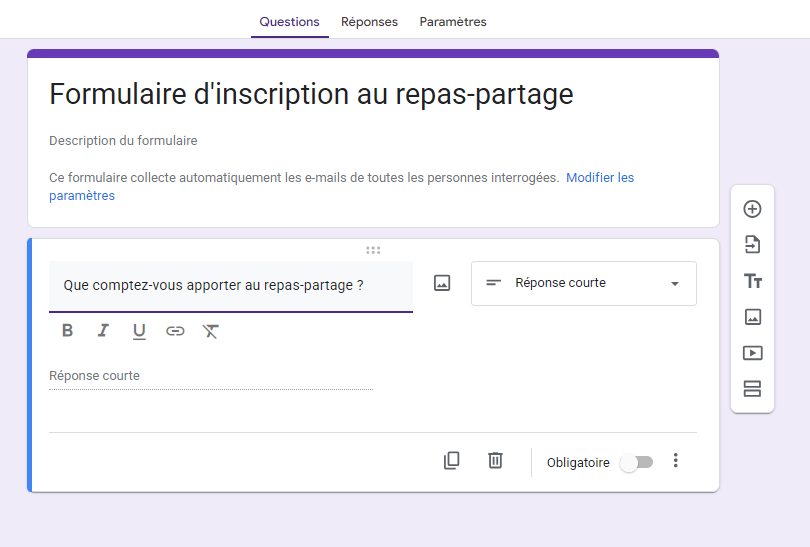 Feuille d'inscription pour un repas-partage dans Google Forms