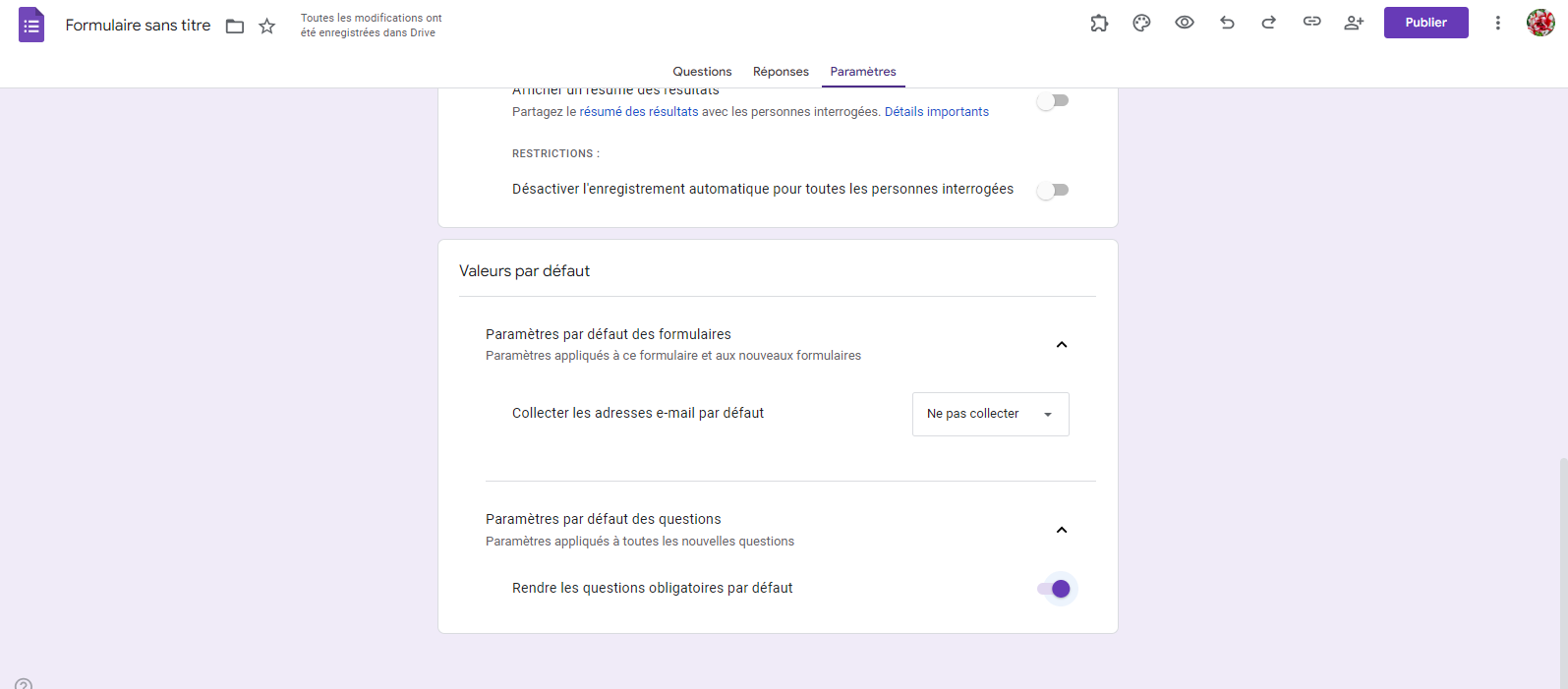 Capture d'écran de l'interface utilisateur des paramètres par défaut de la feuille d'inscription au repas-partage dans Google Forms