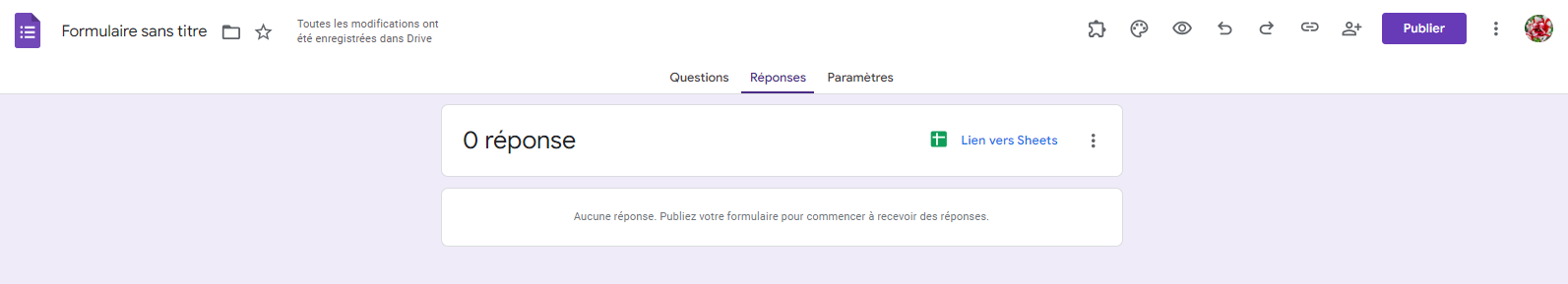 Capture d'écran de l'interface utilisateur des réponses de la feuille d'inscription au repas-partage dans Google Forms