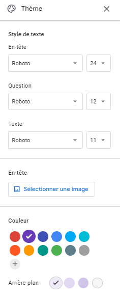 Capture d'écran de l'interface utilisateur des thèmes dans Google Forms