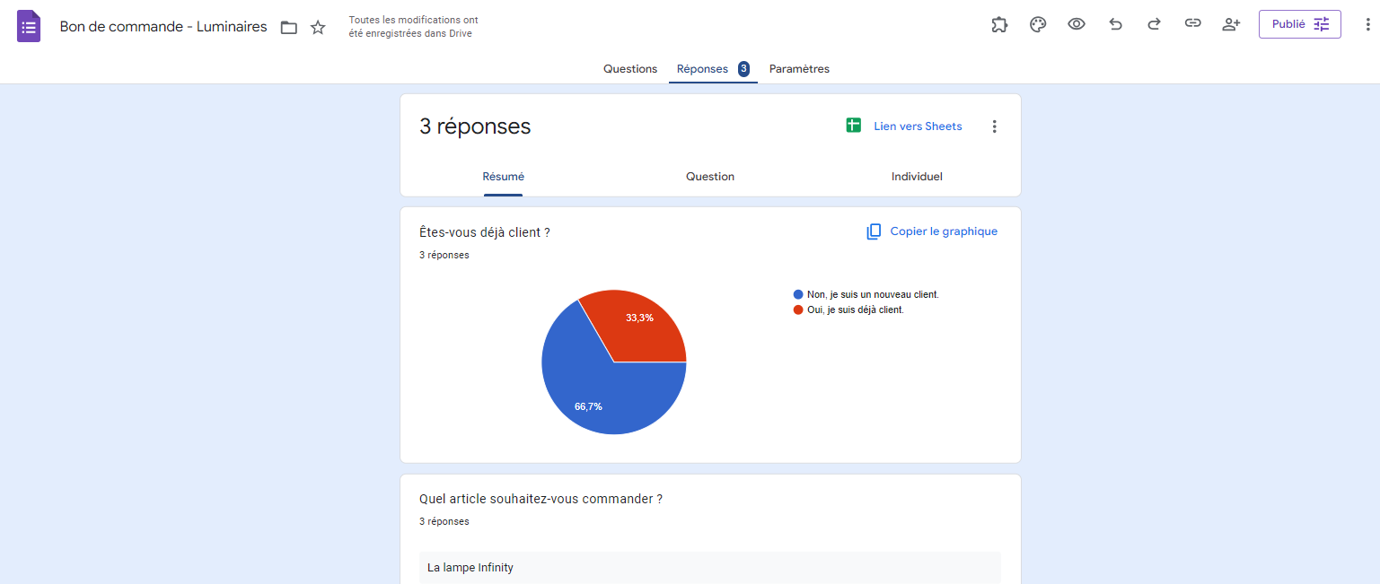 Capture d'écran de l'onglet Réponses et du sous-onglet Résumé dans Google Forms