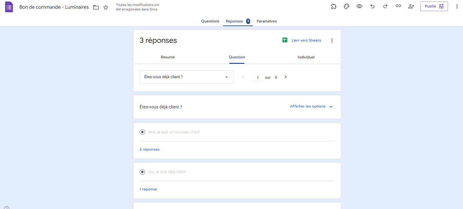 Capture d'écran de l'onglet Réponses et du sous-onglet Question dans Google Forms