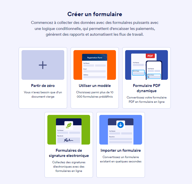 Capture d'écran de l'interface du Générateur de formulaires Jotform montrant les options pour créer un formulaire : Partir de zéro, Utiliser un modèle, Formulaire PDF dynamique, Formulaire de signature électronique, Importer un formulaire