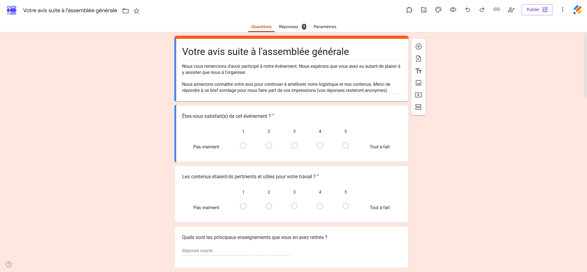 Capture d'écran d'un formulaire Google Forms qui a recueilli des réponses