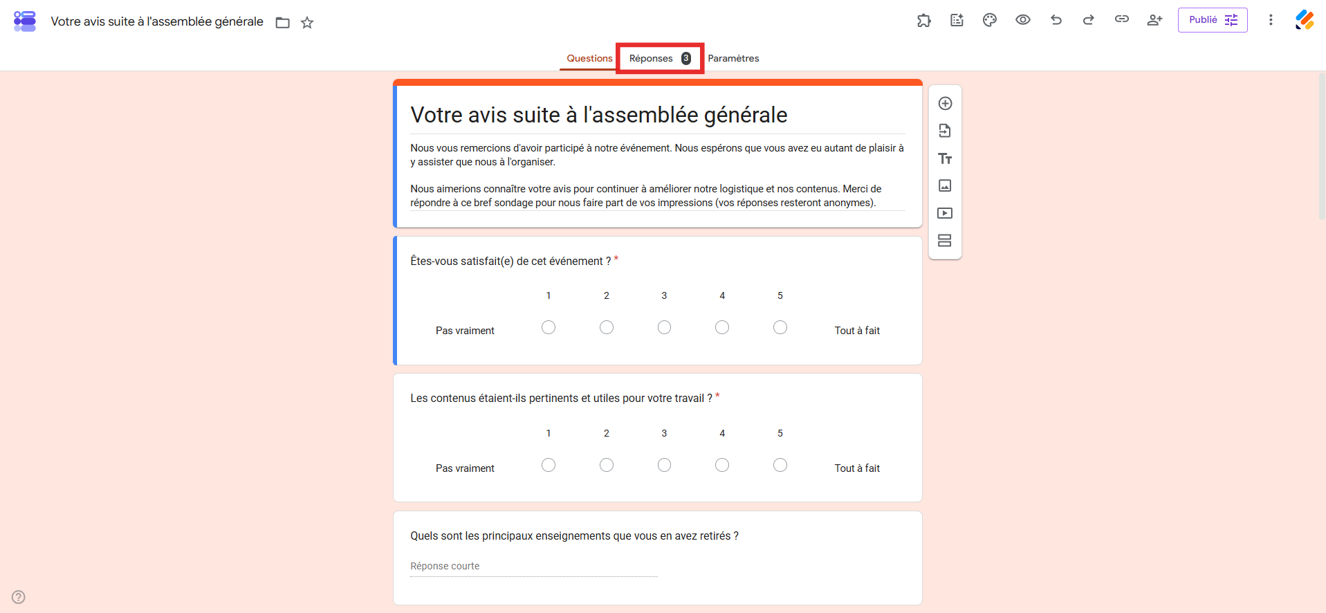 Capture d'écran d'un formulaire Google Forms avec un encadré autour de l'onglet Réponses