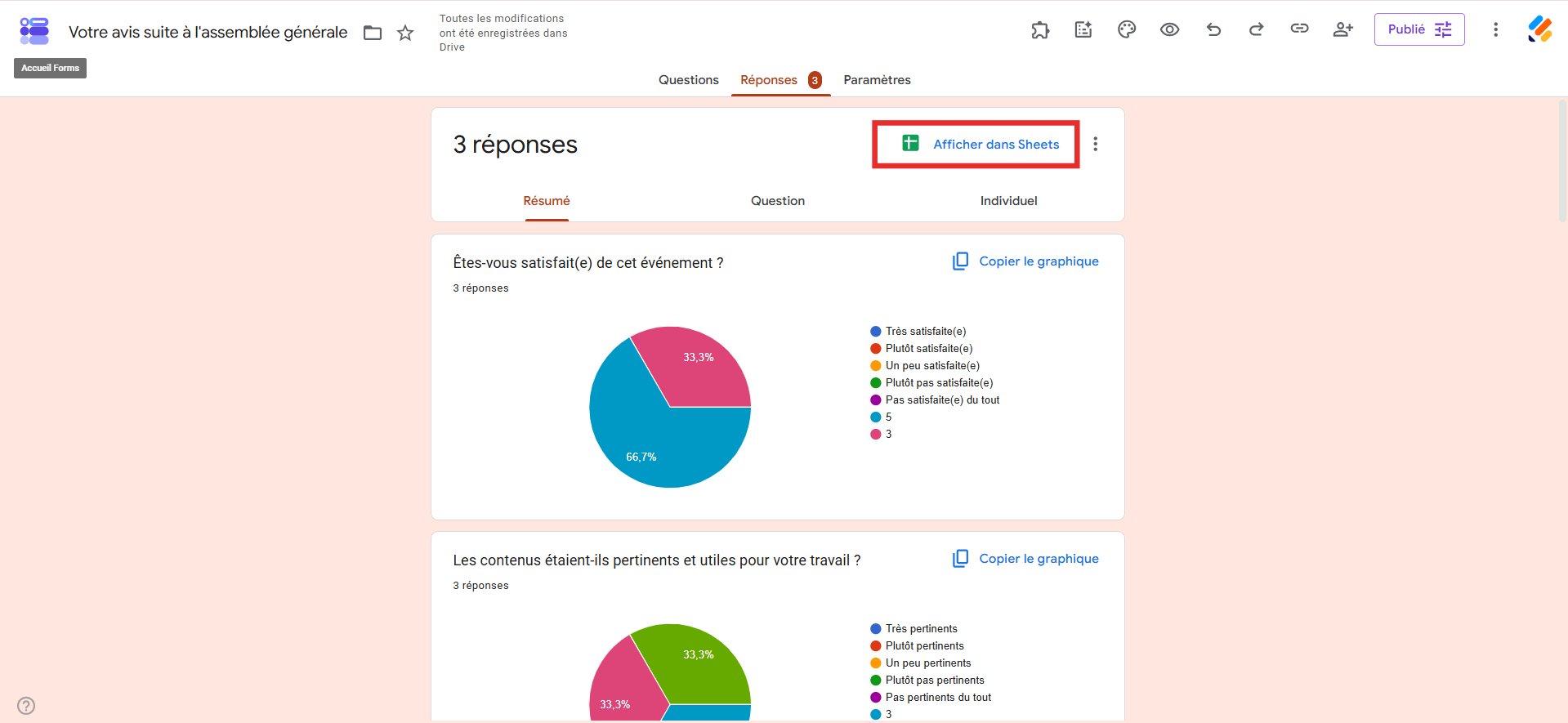 Capture d'écran de l'onglet Réponses dans Google Forms montrant des graphiques circulaires avec un encadré autour de Afficher dans Sheets