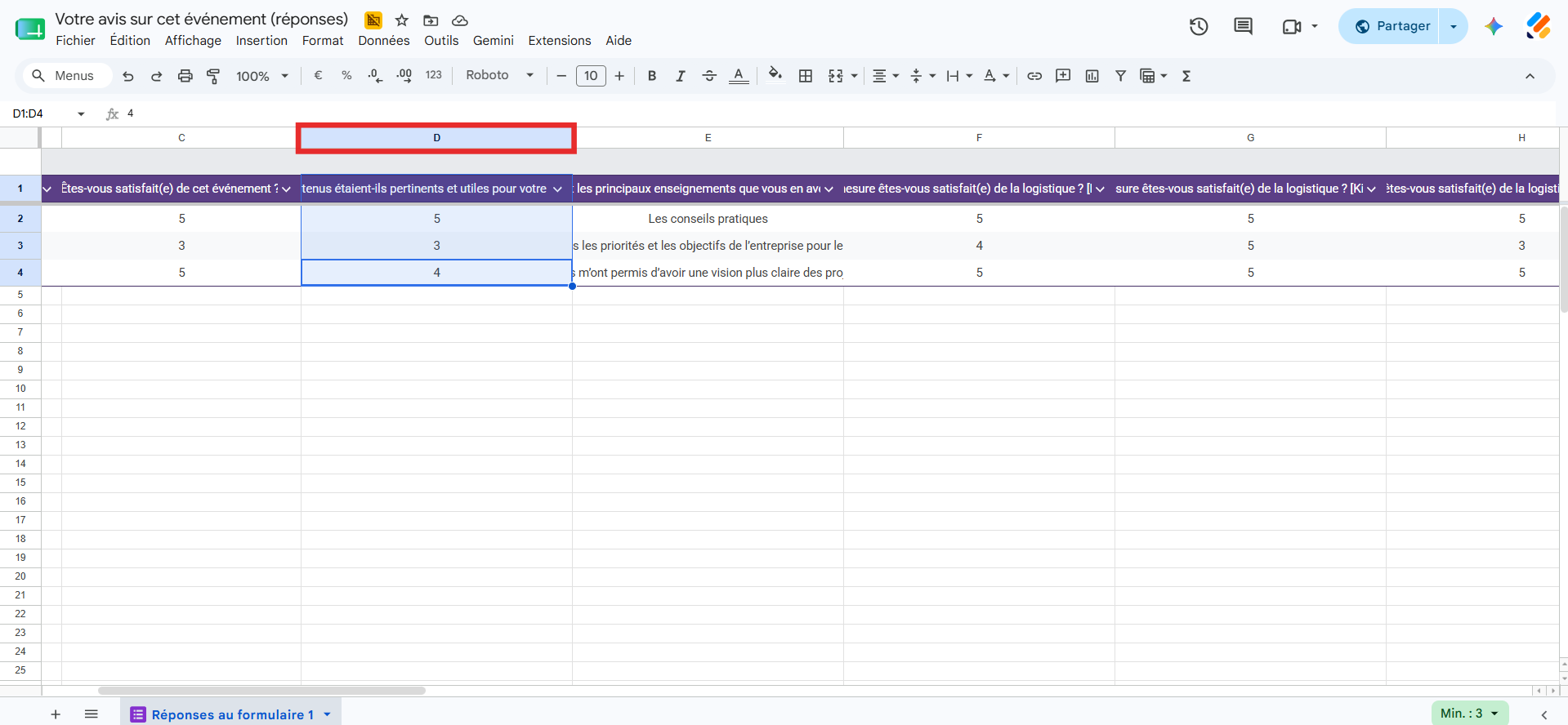 Capture d'écran du tableau des Réponses dans Google Sheets avec une colonne mise en évidence et un encadré autour de l'étiquette de la colonne sélectionnée