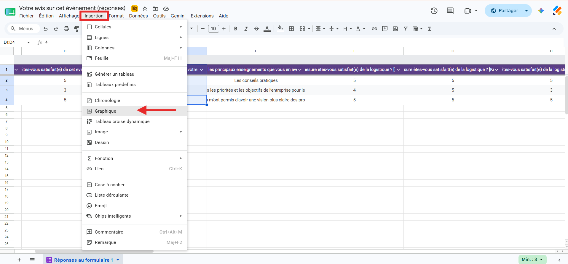 Capture d'écran du tableau des Réponses dans Google Sheets avec une colonne mise en évidence et un encadré autour de Insertion et une flèche pointant vers Graphique dans le menu