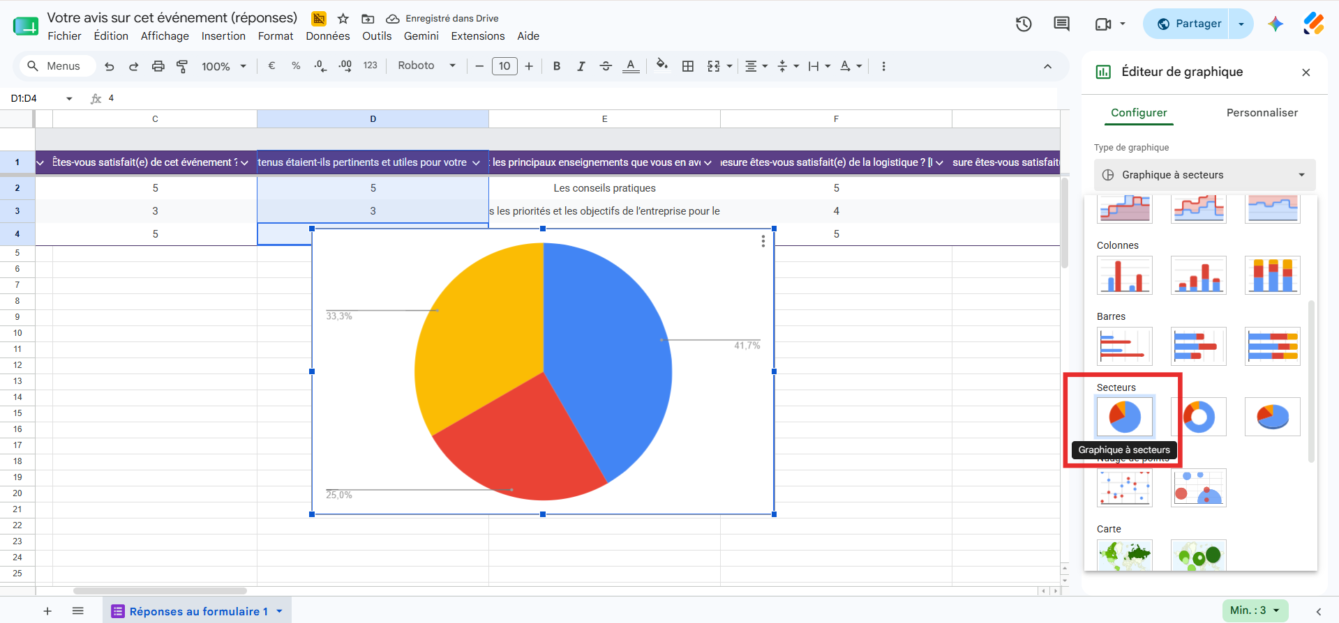 Capture d'écran du tableau des Réponses dans Google Sheets avec le volet Éditeur de graphique et une encadré autour de Graphiques à sections dans la section Secteurs de l'onglet Configurer