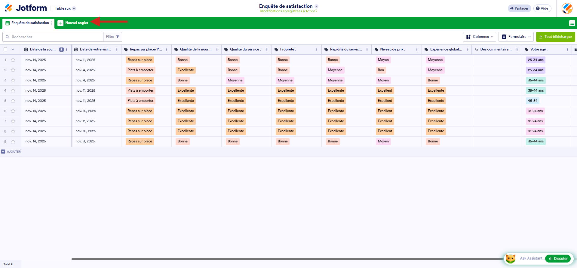 Capture d'écran d'un tableau de soumissions Jotform avec une flèche pointant vers Nouvel onglet