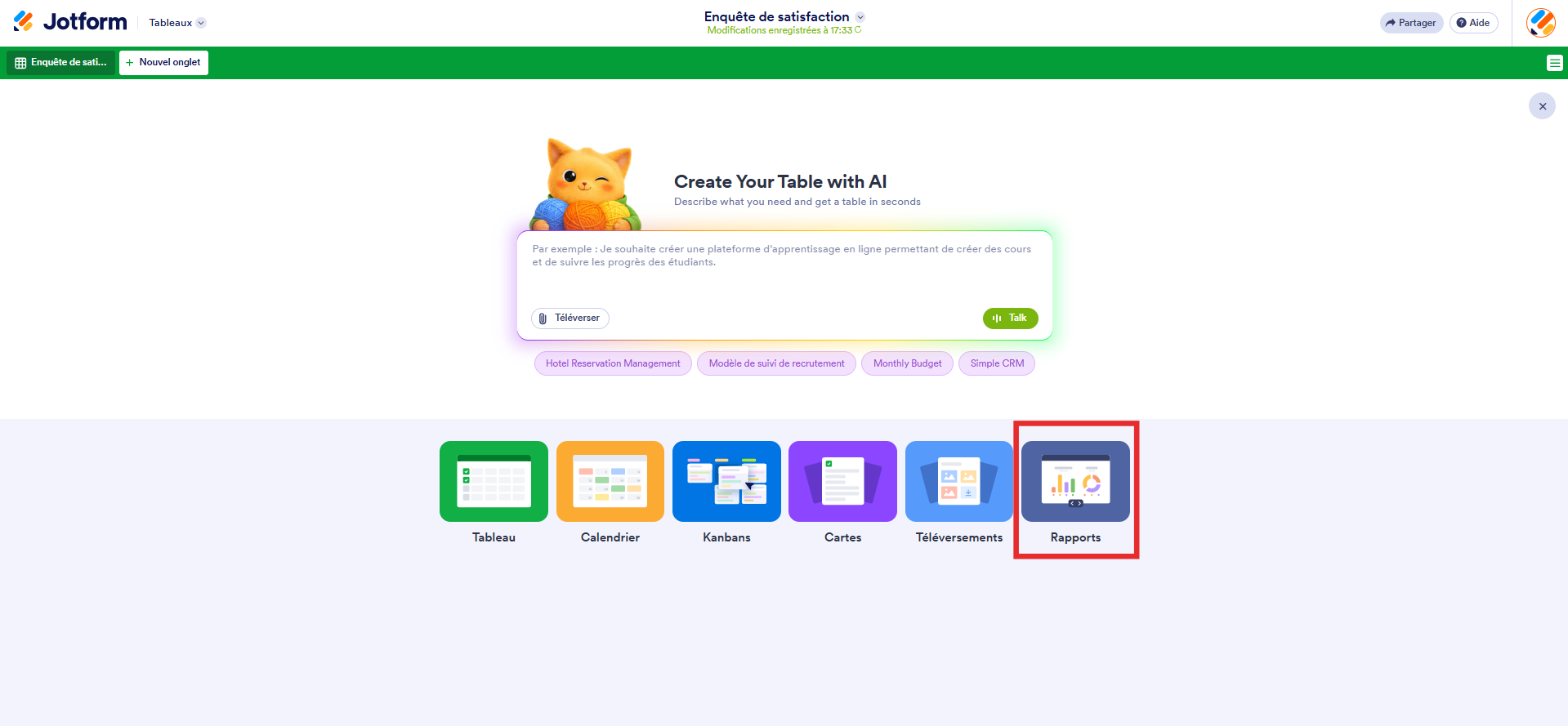 Capture d'écran de la page des Tableaux Jotform avec les options création avec un encadré autour de l'option Rapports