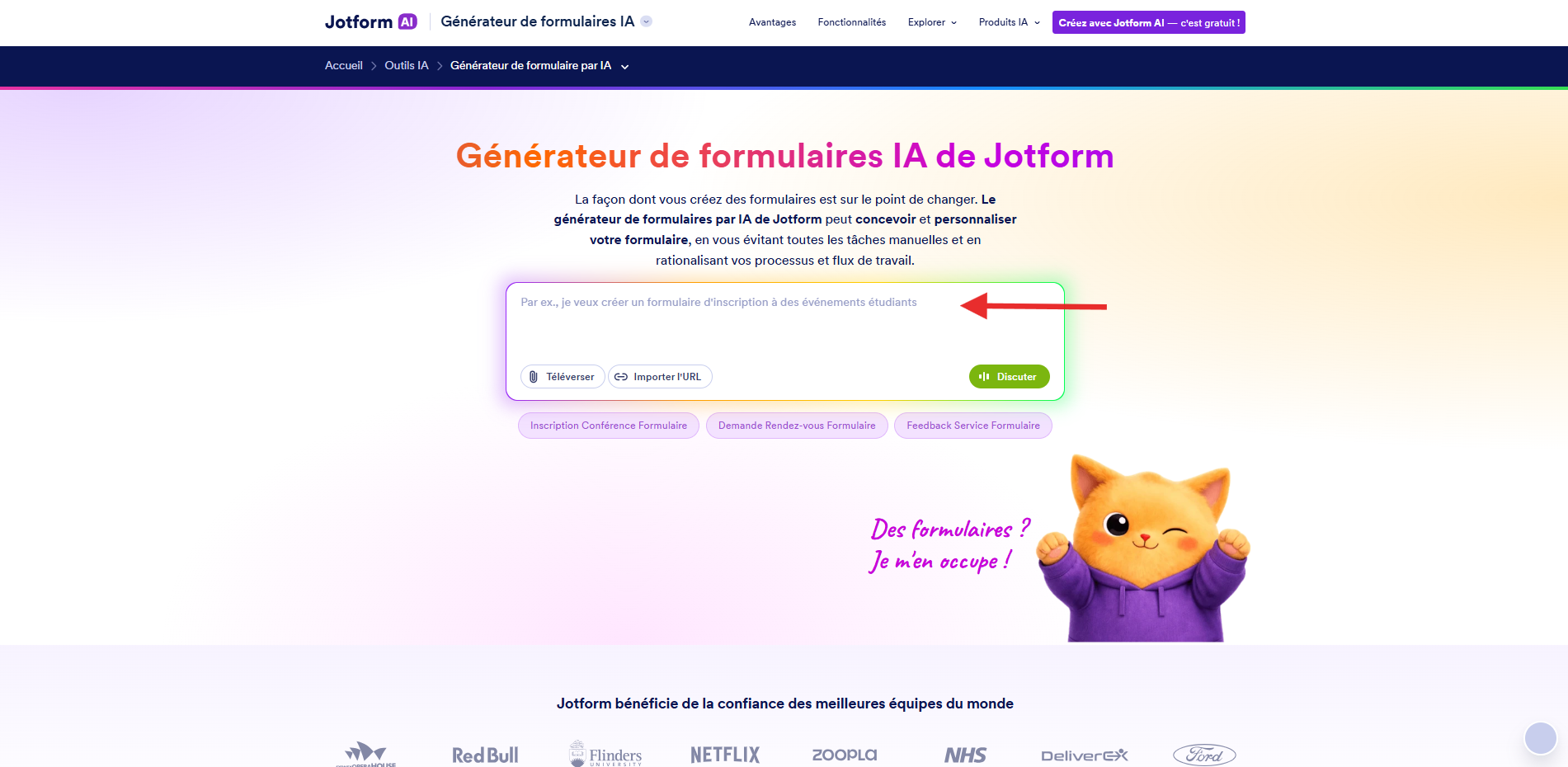 Capture d'écran de la page d'accueil du générateur de formulaires IA de Jotform