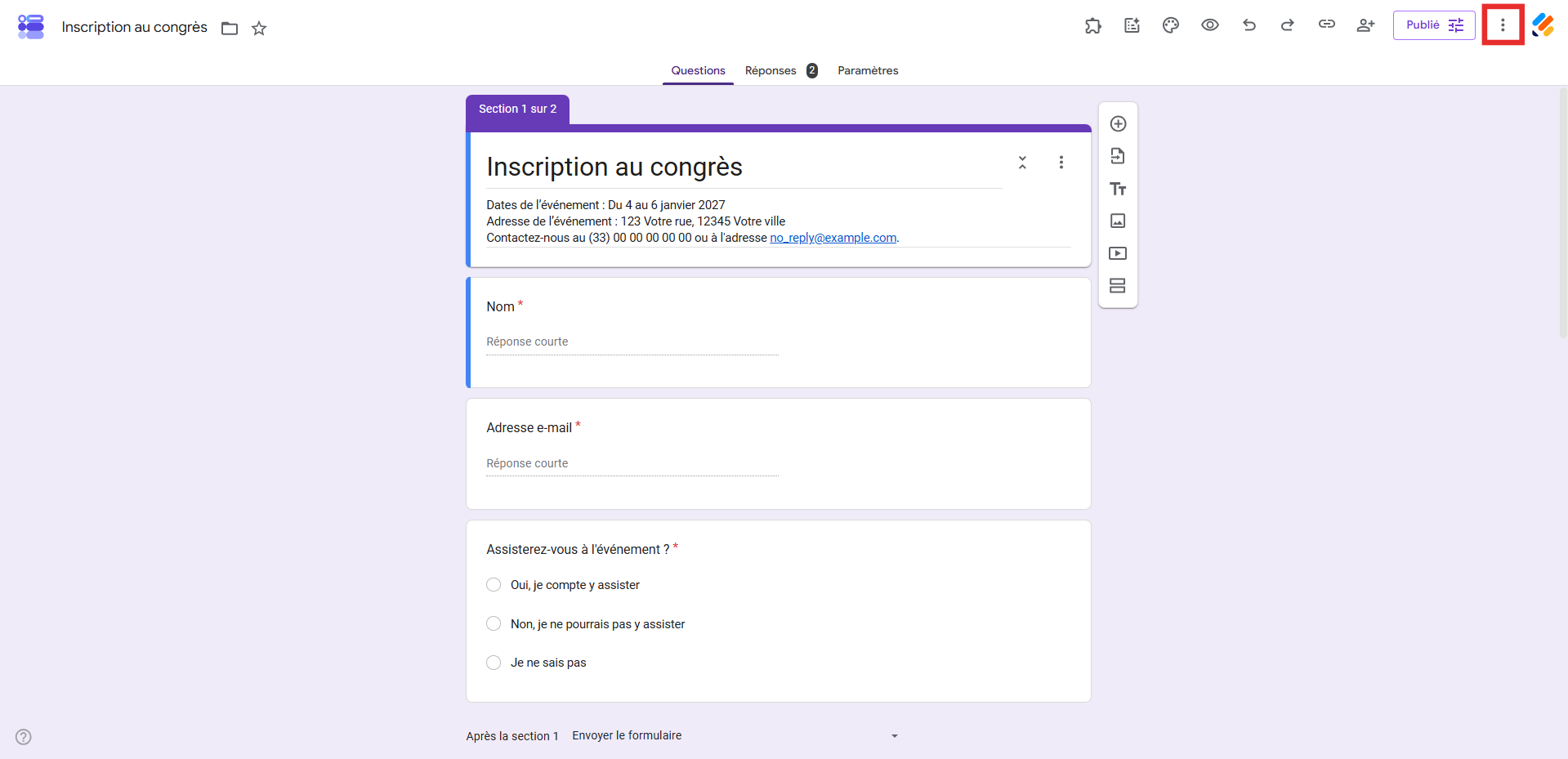 Capture d'écran de l'interface Google Forms affichant un formulaire et avec un encadré autour des trois points verticaux