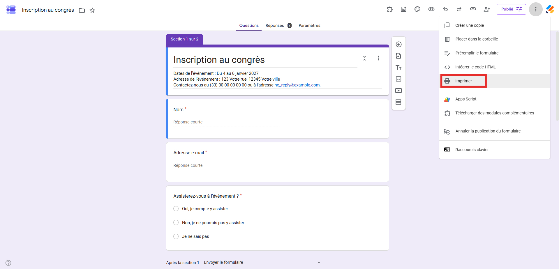 Capture d'écran de l'interface Google Forms affichant un formulaire et avec un encadré autour de l'option Imprimer dans le menu des trois points verticaux