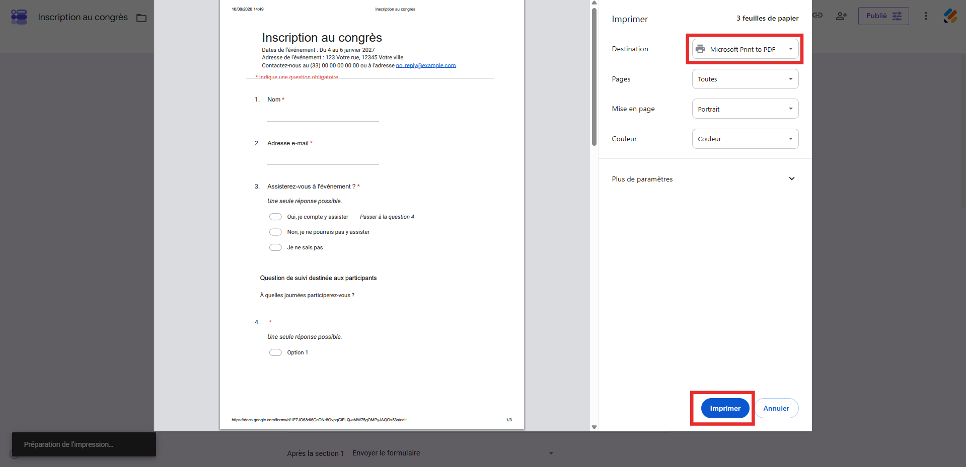 Capture d'écran de la boîte de dialogue d'impression de Google Forms avec un encadré autour de l'option Microsoft Print to PDF et un autre autour du bouton Imprimer