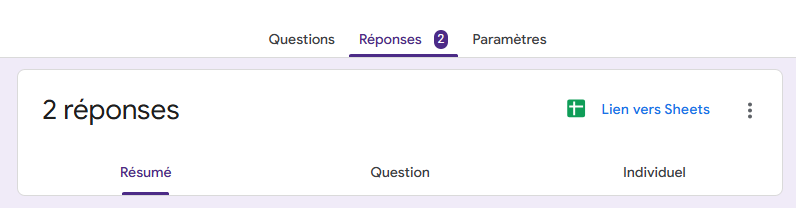 Capture d'écran du menu supérieur du formulaire Google Forms avec l'onglet Réponses et Résumé sélectionnés