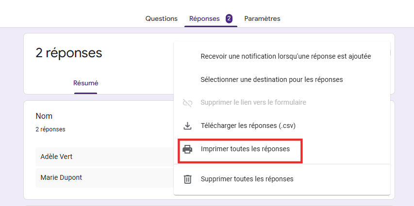 Capture d'écran du menu des trois points verticaux de l'onglet Réponses d'un formulaire Google Forms avec un encadré autour de l'option Imprimer toutes les réponses
