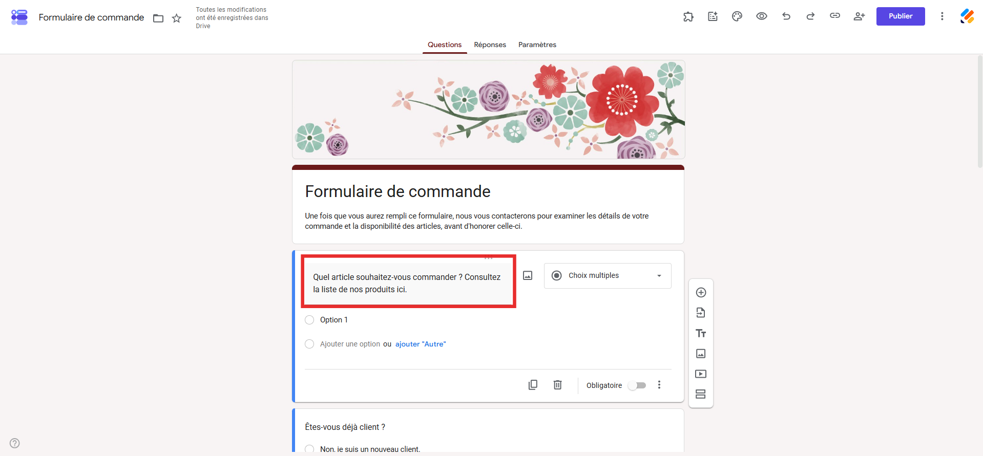 Capture d'écran d'un formulaire dans Google Forms avec une question à choix multiples intitulée Quel article souhaitez-vous commander ? Consultez la liste de nos produits ici