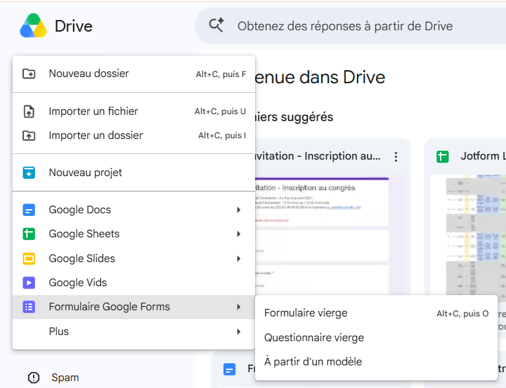 Capture d'écran du menu pour Google Forms offrant des options pour créer un formulaire vierge, un questionnaire vierge, ou choisir À partir d'un modèle