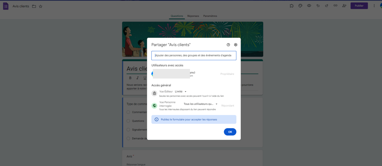 Capture d'écran de la fenêtre de partage dans un formulaire Google