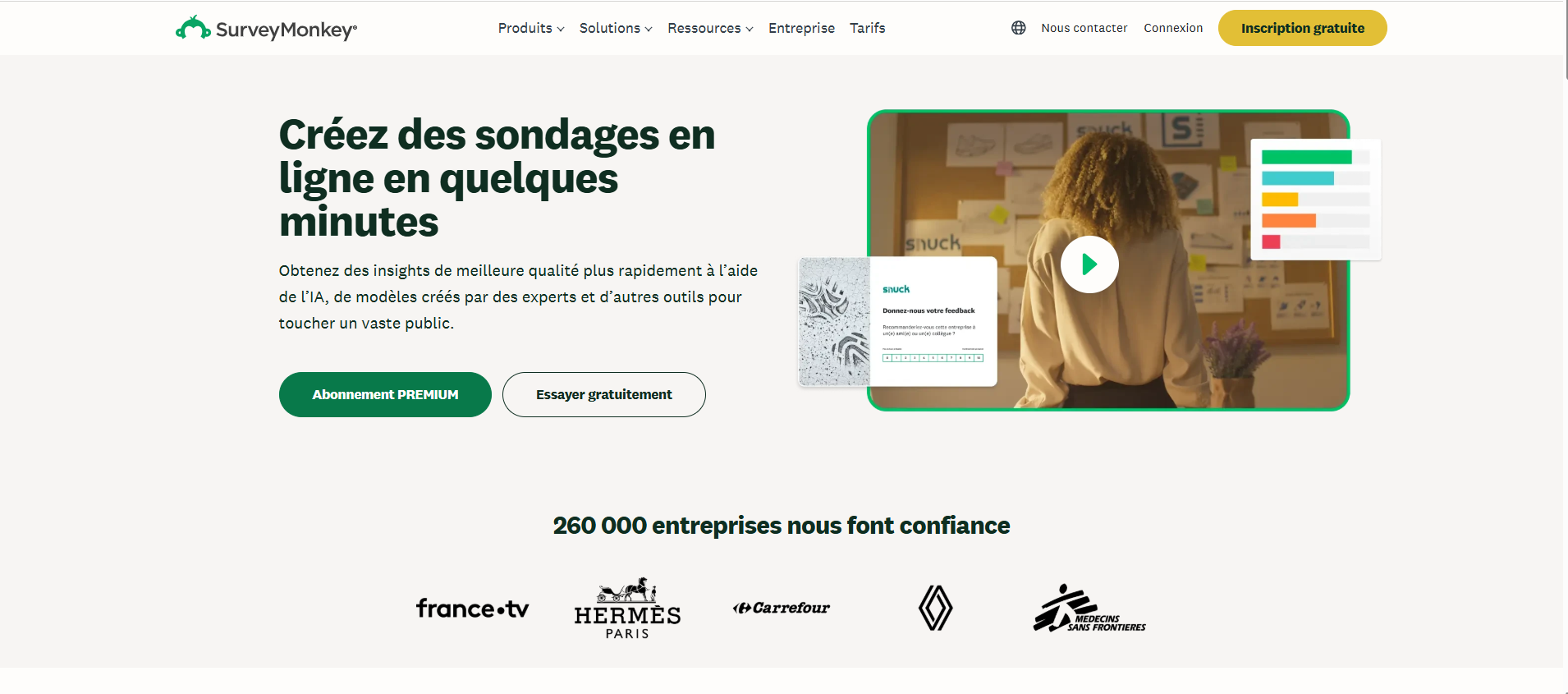 Capture d'écran de la page d'accueil du site web SurveyMonkey
