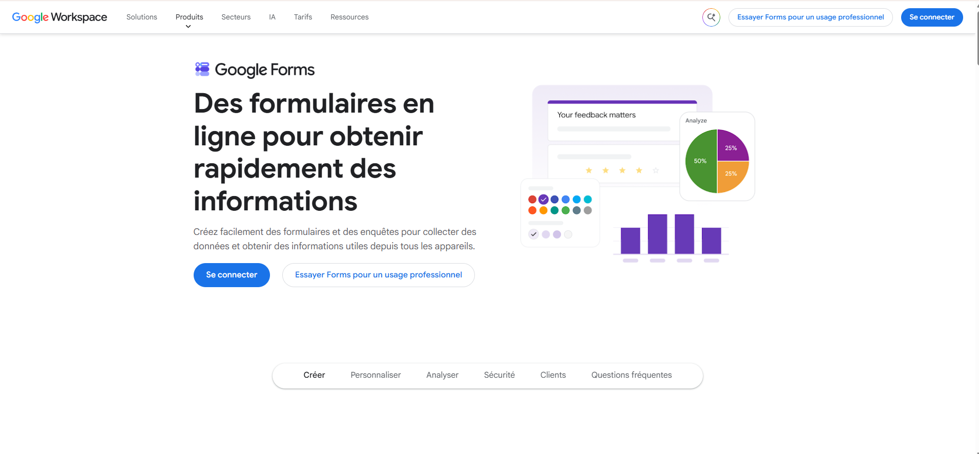Capture d'écran de la page d'accueil de Google Forms, affichant le titre Des formulaires en ligne pour obtenir rapidement des informations