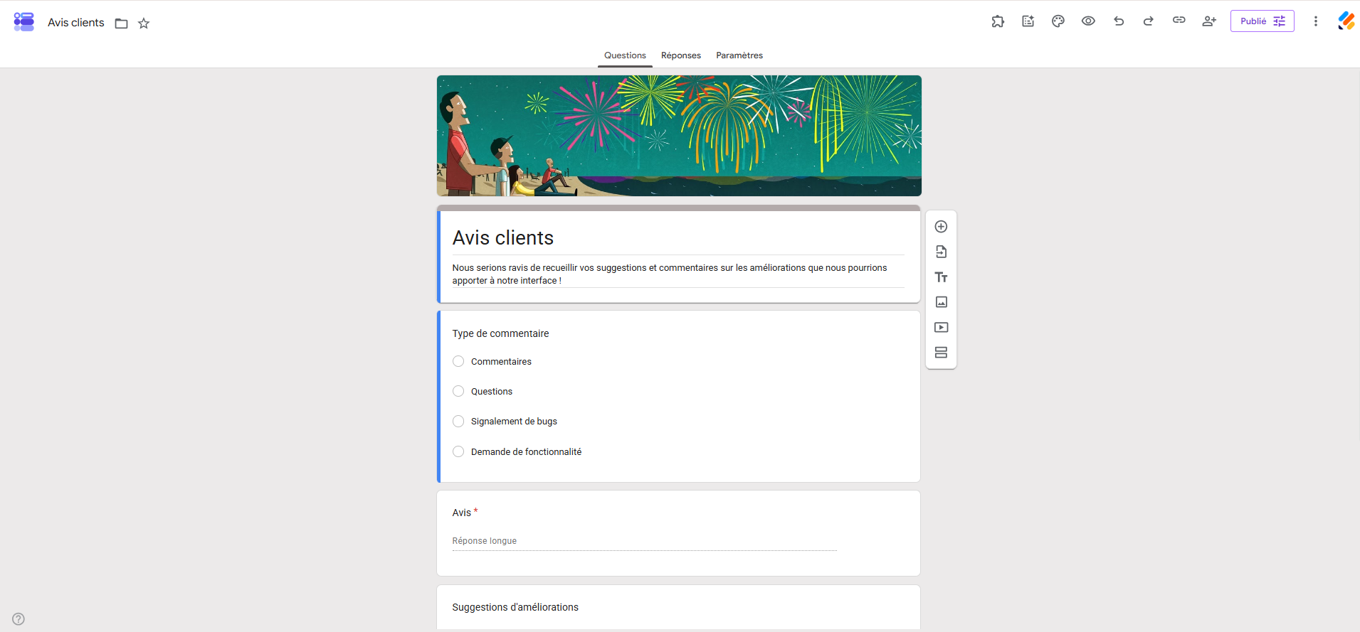 Capture d'écran de l'interface Google Forms avec un exemple de formulaire d'avis clients et une question à choix multiples