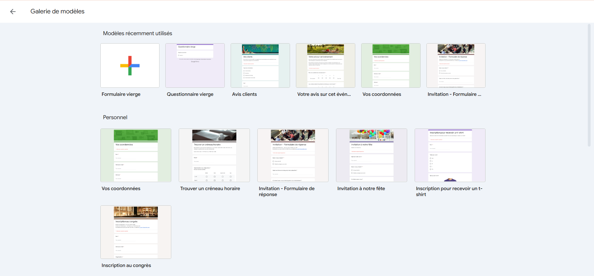 Galerie de modèles Google Forms présentant des modèles de formulaires pour le travail et l'usage personnel