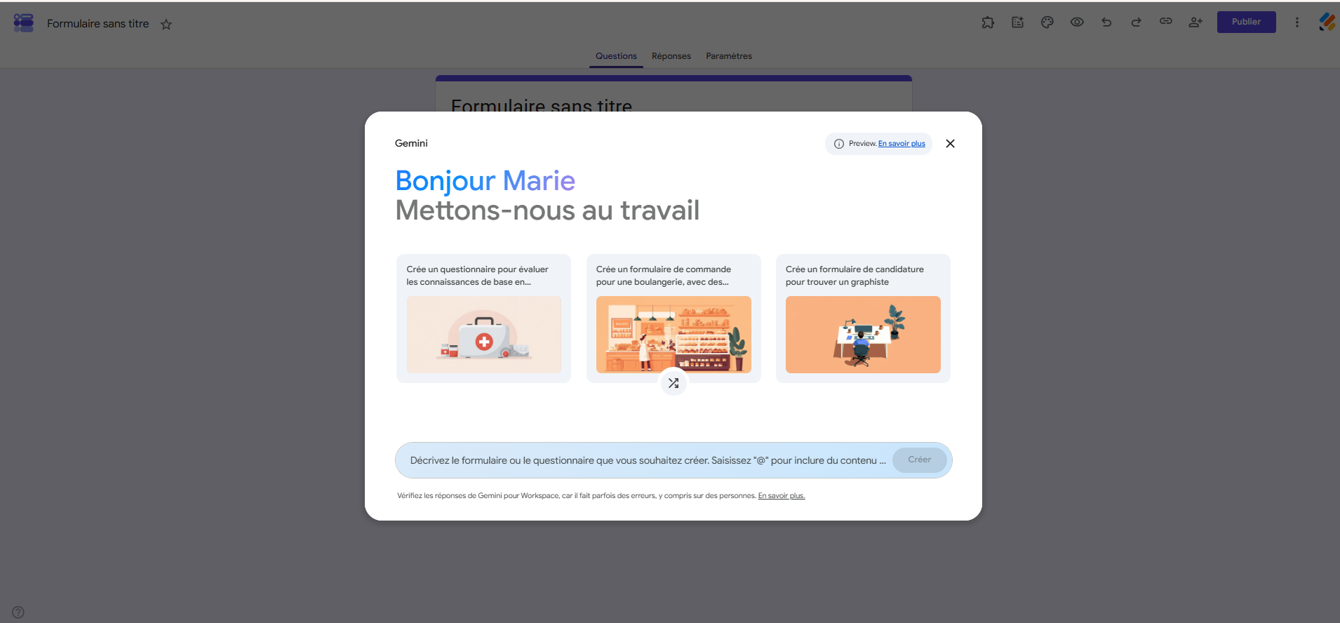 Capture d'écran de mon compte Google Workspace qui montre comment utiliser Gemini pour créer un formulaire Google