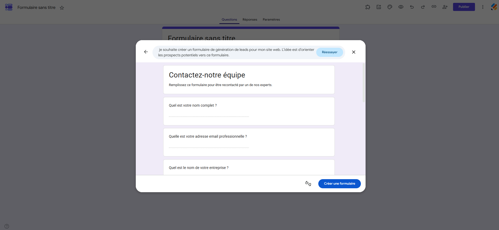 Capture d'écran d'un formulaire Google que créé avec Gemini