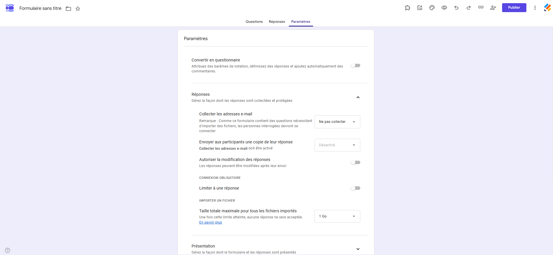 Capture d'écran des options de l'onglet Paramètres dans Google Forms