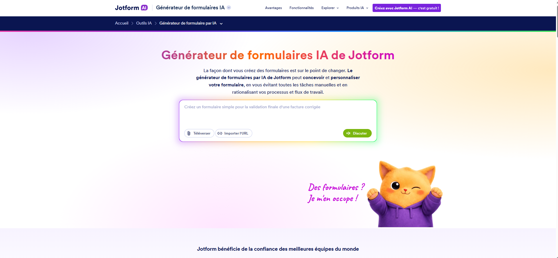 Capture d'écran de la page d'accueil du Générateur de formulaires IA de Jotform