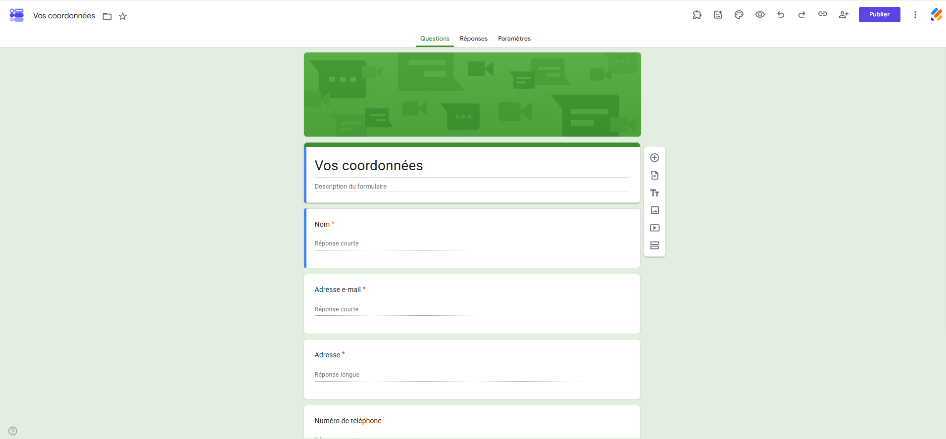 Capture d'écran du modèle de formulaire Vos coordonnées dans la galerie de modèles de Google Forms