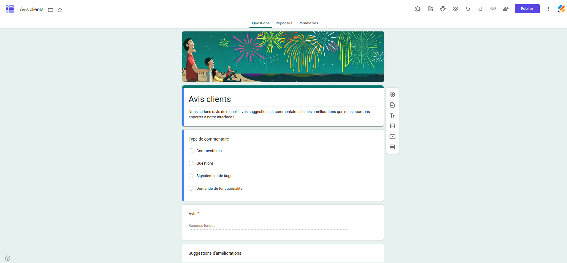 Capture d'écran du modèle d'avis clients dans la galerie de modèles de Google Forms