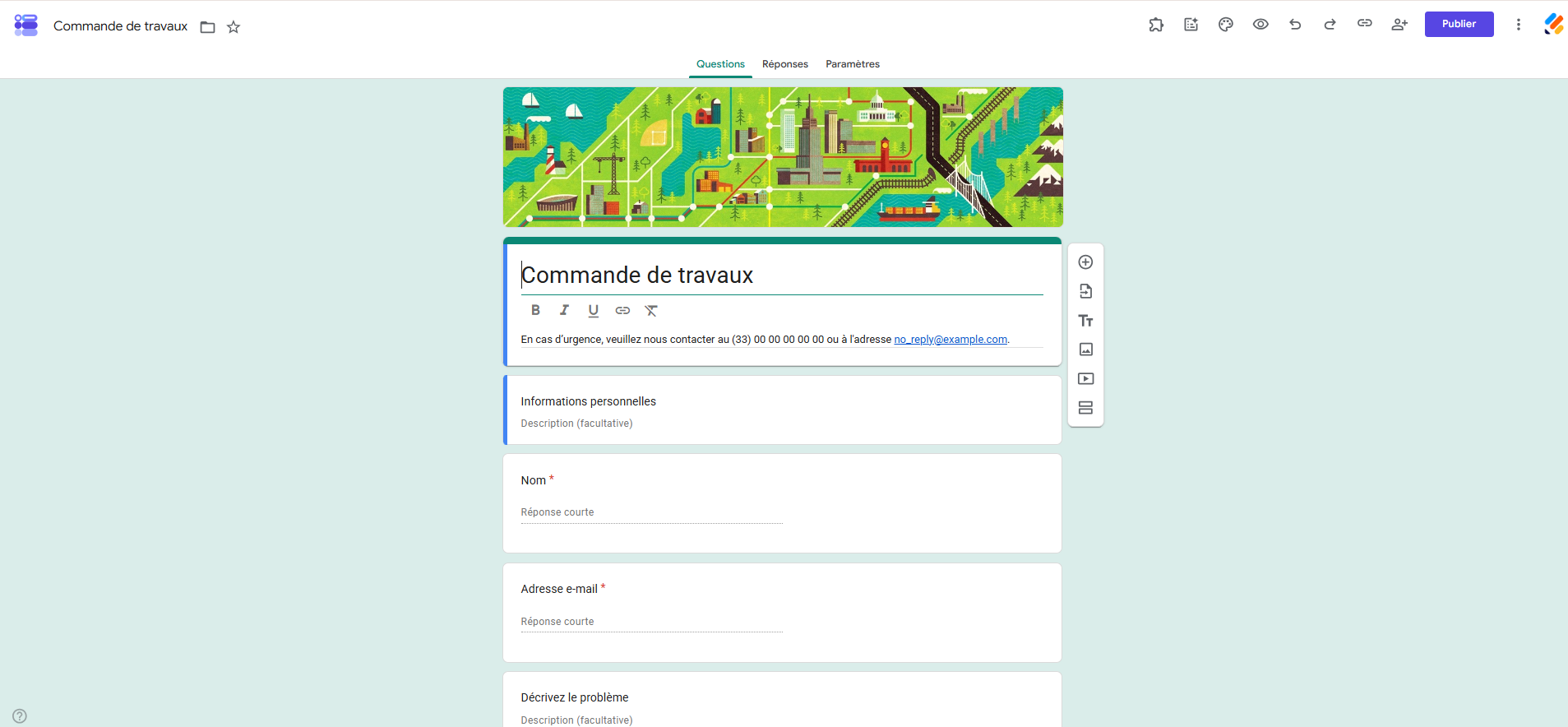 Capture d'écran du modèle de commande de travaux dans la galerie de modèles de Google Forms