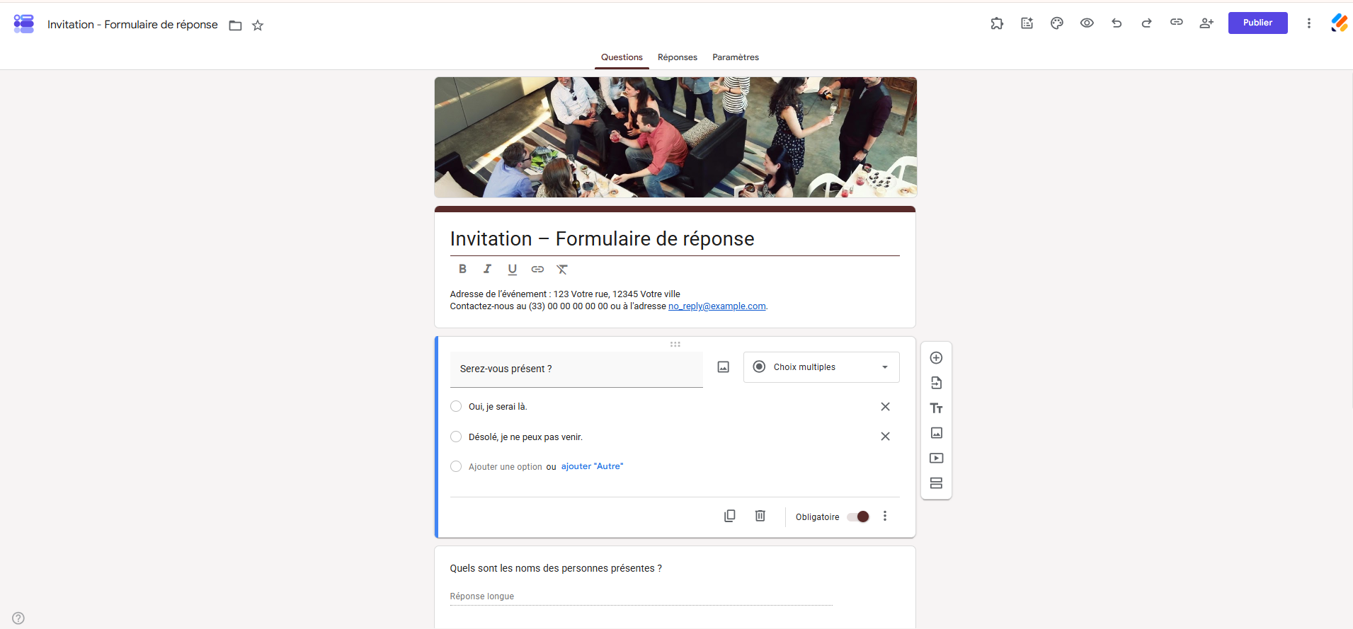 Capture d'écran du modèle Invitation — formulaire de réponse dans la galerie de modèles de Google Forms